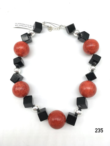 Red bamboo coral, black agate, sterling silver beads