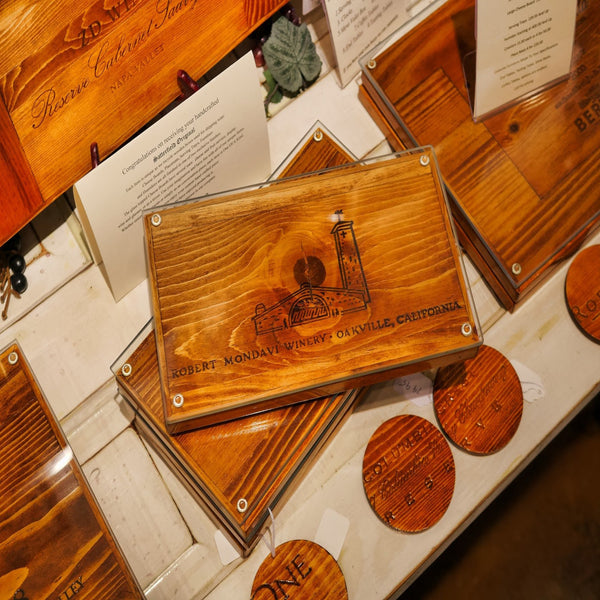 Wine themed coaster and cheese boards by Satterfield Originals