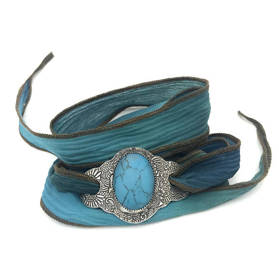 Silk Ribbon Wrap Turquoise Bracelet - Red Bank Artisan Collective jewelry art vintage recycled Bracelet, Aries Artistic Jewelry