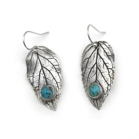 Silver Mint Leaf Earrings with Turquoise Cabochons - Red Bank Artisan Collective jewelry art vintage recycled Earrings, Aries Artistic Jewelry