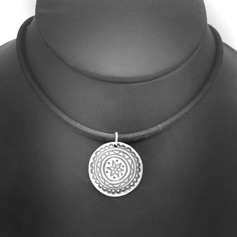 Round Mandala Necklace on Rubber Cord Spiritual Jewelry