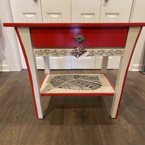 red and white mandala painted side table by local Central Jersey artist Esther from E. Designs