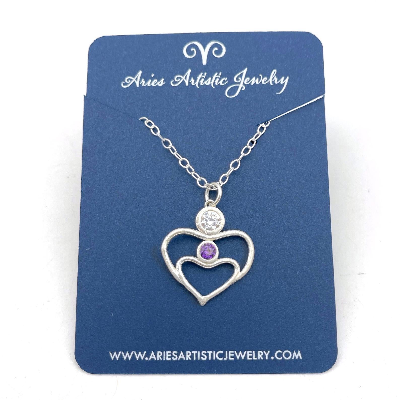 Mother & Child Heart Necklace Love Jewelry with CZ Amethyst and Diamond